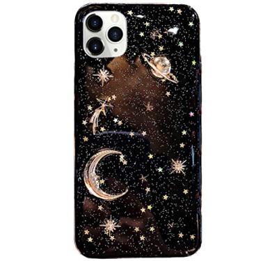 Imagem de Capa BONITEC para Apple iPhone 11 Pro Max 3D Bling Planet Glitter com Space Sparkle Moon Star Universe Flexible Soft TPU Transparente Transparente à Prova de Choque Capa Protetora Ouro, iPhone 11 Pro Max, Black 2#