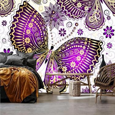 Imagem de Lcythiazole Papel de parede mural de borboleta de tamanho personalizável roxo estético papel de parede estilo boêmio mural para sala de estar, quarto, quarto de menina