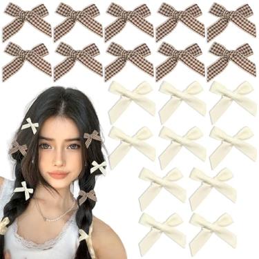 Imagem de Arocooy 20 peças de mini laços bege para cabelo, laço de guingão marrom, presilhas de cabelo para rabo de cavalo, laços de cabelo xadrez fofos Y2K, acessórios de cabelo para meninas e mulheres