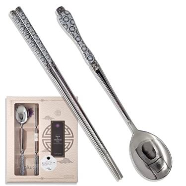 Imagem de BALWOO Goryeo Celadon Design Colher de arroz coreana e pauzinhos de aço inoxidável 430 com superfície brilhante (branco, 5 conjuntos)