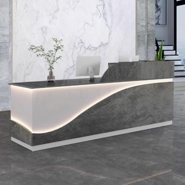 Imagem de Moderno de recepção para escritório, balcão de recepção, recepção da recepção da recepção, balcão de madeira engenharia de madeira com tiras leves para salões de beleza, textura cinza+branco