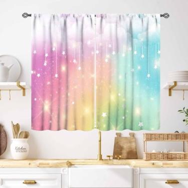 Imagem de Cortinas arco-íris, desenho boêmio, pastel, bonito, colorido, céu nuvens, estrelas, meninas, meninas, quarto, sala de estar, berçário, janela, tratamentos, 2 painéis, 132 x 99 cm