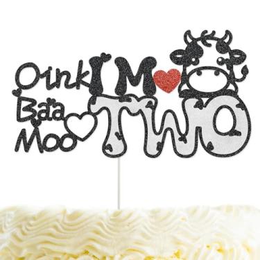 Imagem de Oink Baa Moo I am Two Cake Topper Glitter Oink Baa Moo I am Two Party Decorations for 2nd Birthday Party Farm Animals Theme Second Birthday Party Supplies