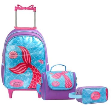 Imagem de Kit Mochila de Rodinha Escolar Sereia Infantil Feminino + Lancheira Transversal + Estojo Duplo Menina
