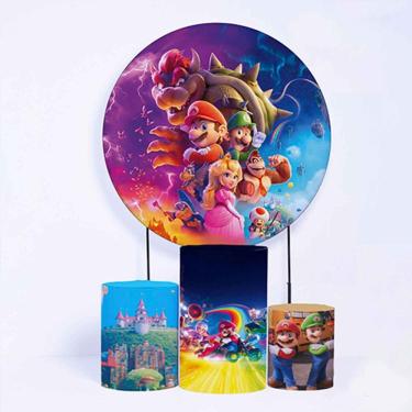 Imagem de Kit Painel de Festa Redondo de 1,30m e Trio de Cilindros Mario Bros - Fera Print