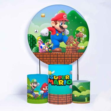 Imagem de Kit Painel de Festa Redondo de 1,30m e Trio de Cilindros Mario Bros - Fera Print