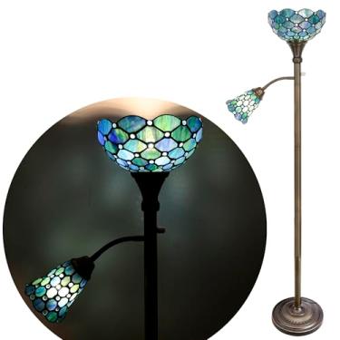 Imagem de L-Juicwe Luminária De Chão Tiffany Torchiere Com Luz Noturna Lateral, Luz De Leitura Em Vidro Manchado Azul-Marinho, 10X10X71 Polegadas, Poste De Canto, Iluminação Para Decoração De Quarto, Sala De