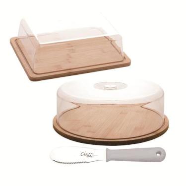 Imagem de Kit Manteigueira Boleira Bambu E Espátula Inox Class Home