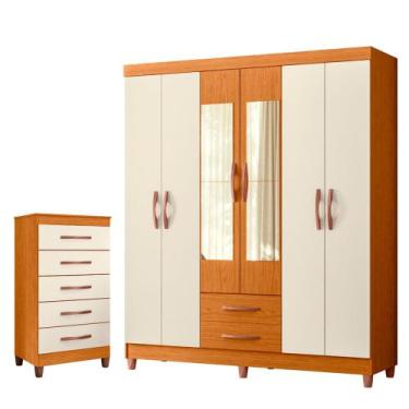 Imagem de Quarto Solteiro Completo Guarda Roupa Âmbar 6 portas com Espelho Cômod