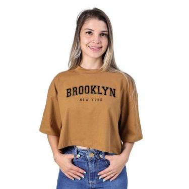 Imagem de Cropped Oversized Feminino Blusa Manga Curta Estampa Brooklin Soltinha
