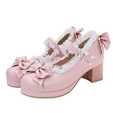 Imagem de LUXMAX Sapatos femininos Kawaii Lolita salto médio Mary Jane Rockabilly com laço, rosa, 12.5