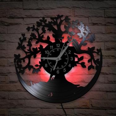 Imagem de Timeglow Relógio de parede retrô árvore da vida com disco de vinil de 30,5 cm, 7 tipos de cor LED, árvore genealógica, decoração de parede, luz noturna, relógio de parede de meados do século, para