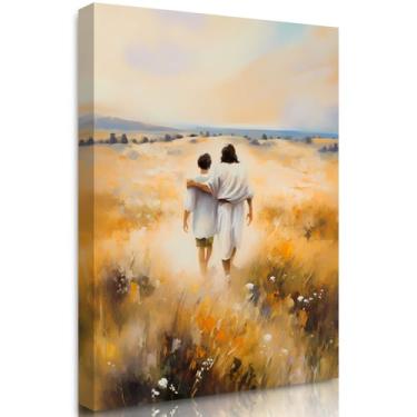 Imagem de GUBIYU Arte de parede de Jesus em tela emoldurada presente religioso impressões de Jesus aprender de mim Jesus Cristo andando com menino imagens arte bíblica arte cristã arte de parede Jesus be always