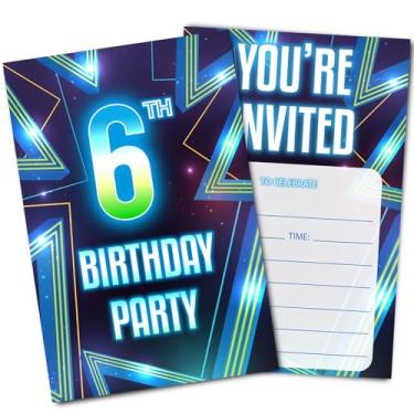 Imagem de Convites de aniversário de 6 anos com envelopes (neon)