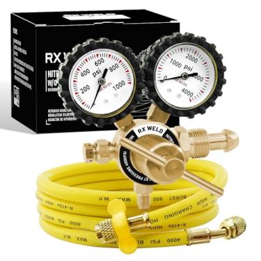 Imagem de RX WELD Regulador de nitrogênio com entrada CGA580 de 0-1000 PSI, medidor de conexão de entrada de latão com mangueira de refrigeração