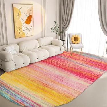 Imagem de USTIDE Tapete grande arco-íris oval 1,8 m x 2,5 m lavável macio para sala de estar, tapete oval listrado rosa para quarto de crianças, quarto, sala de aula, decoração de quarto de meninas