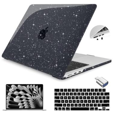 Imagem de Teryeefi Sparkly Capa para MacBook Air M4/M3/M2 15 polegadas 2025 2024 2023 modelo A3241/A3114/A2941, capa rígida para laptop com capa de teclado, adaptador OTG e protetor de tela, preto brilhante