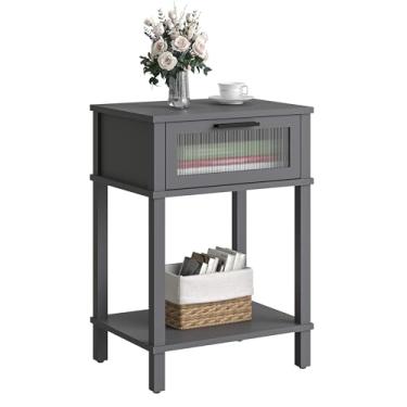 Imagem de Mesa de cabeceira de madeira com gaveta, mesa de cabeceira cinza, estilo moderno, mesa lateral pequena com prateleira de armazenamento para quarto, sala de estar CAMLBZ10GV