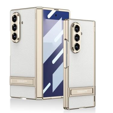 Imagem de POYUFRG Capa galvanizada para Samsung Galaxy Z Fold 7, capa fina de couro de negócios de luxo com suporte para lente de dobradiça capa de proteção de tela, branca, Z Fold 7