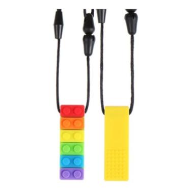 Imagem de Colar Mordedor Sensorial de Silicone para Alívio da Ansiedade Anti Estresse Autismo Mastigar Brinquedos com Cordão Crianças e Adultos Autistas Chaveiro Lego Bolinha Colorido Base Rosa (Amarelo)