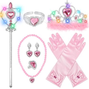Imagem de BIBUTY Tiara De Princesa Com Coroa Para Meninas, Acessórios Para Vestir Princesas, Tiara Iluminada, Varinha De Brinquedo, Presentes Para Meninas De 3 A 6 Anos (Rosa)