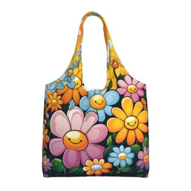 Imagem de GlbnSHeric Bolsa feminina reutilizável de compras de lona com borboleta azul cereja bolsa de ombro dobrável, Flores fofas de desenho animado, One Size