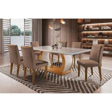 Imagem de Sala De Jantar Completa Jade Tampo Madeirado Com Vidro Reto 180x90 E 6 Cadeiras Jade Imbuia - Veludo Capuccino - Rufato