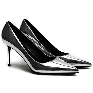 Imagem de MOOMMO Sandálias Femininas De Salto Alto Prateado, Bico Fino, Fechado, Sem Cadarço, Couro Envernizado, 7,6 Cm, Para Casamento, Escritório, Festa, Dança, Sapatos Clássicos, Sexy, Moda 9