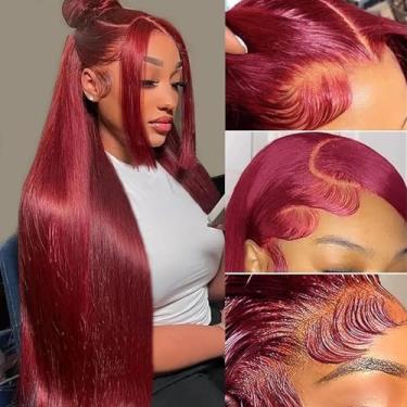 Imagem de Perucas de cabelo humano 32 polegadas 99J Borgonha pré-arrancadas 13X4 HD peruca frontal reta transparente cabelo humano 200% densidade vermelho borgonha peruca de cabelo humano perucas frontais de