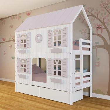 Imagem de Beliche Casinha Bela com Coração 2 Gavetas 4 Janelas Venezianas - Madeira Maciça Branco/Rosa | Megamobilia