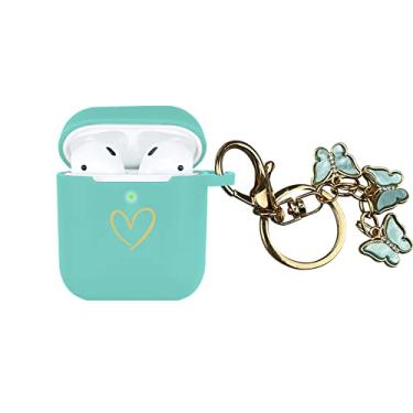 Imagem de AIIEKZ Capa compatível com AirPods, capa de silicone macio com padrão de coração dourado para AirPods 2 e 1 geração com chaveiro fofo de borboleta para meninas e mulheres (verde menta)