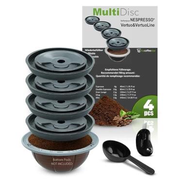 Imagem de 4 discos de cápsulas de café Vertuo reutilizáveis: infinitas recarregáveis reutilizáveis para cápsulas Vertuoline Vertuo Next, cápsulas, conjunto de 4 discos incluindo cortador e colher para tamanho 4
