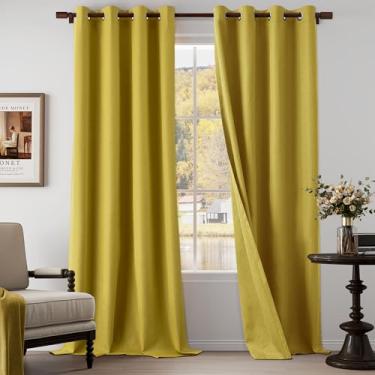 Imagem de Cortinas texturizadas de linho 100% blackout extra de comprimento 300 cm de comprimento conjunto de 2 painéis para sala de estar, quarto, cortinas blackout completas com ilhós, dourado, 132 cm L x 304