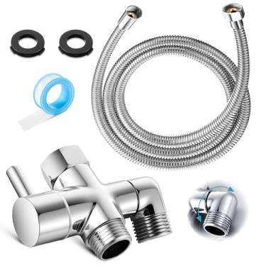 Imagem de Dreyoo Mangueira de chuveiro de aço inoxidável 59 pol, válvula de desvio de braço de chuveiro de 3 vias de latão sólido para cabeça portátil e cabeça de pulverização fixa, substituição de componente