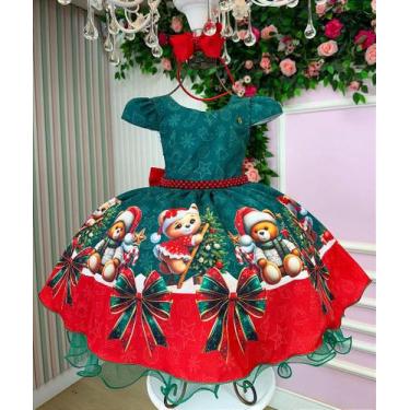 Imagem de Vestido Infantil Verde Urso Teddy Natalino Luxo para Festa - Fabuloso 