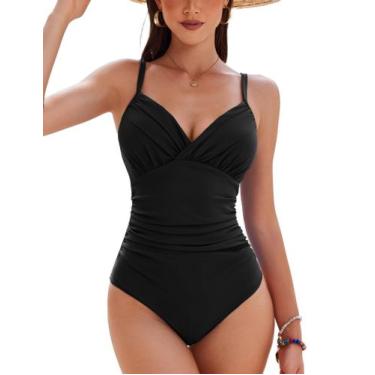 Imagem de Maiô feminino AI'MAGE 2025, peça única, franzido, decote em V, preto X