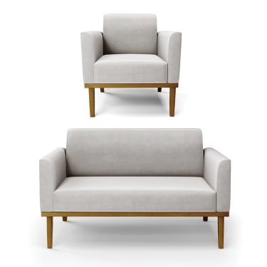 Imagem de Sofá Namoradeira com Poltrona Base de Madeira Fixa Castanho Marisa Veludo Cinza  D03 - D'Rossi