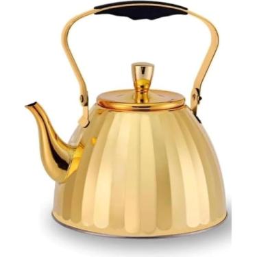 Imagem de Chaleira Dourada Luxo, Aço Inoxidável, 1L, Design Ondulado, Com Infusor, Compatível Fogão Gás e Indução, Alça Ergonômica, Acabamento Premium