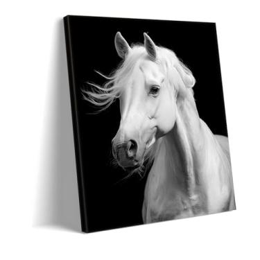 Imagem de Decoração de parede minimalista cavalo branco e impressão de arte de alpaca - Imagem moderna de animais de fazenda em tela - Arte elegante de garanhão preto e branco para decoração de casa (arte tela