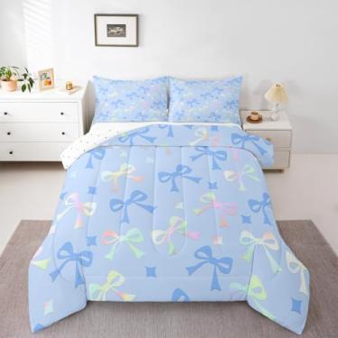 Imagem de jejeloiu Conjunto de cama macio para meninos e meninas, conjunto de edredom casal com laço e gravata borboleta de microfibra, estilo princesa sonhadora, decoração de quarto, 3 peças com 2 fronhas