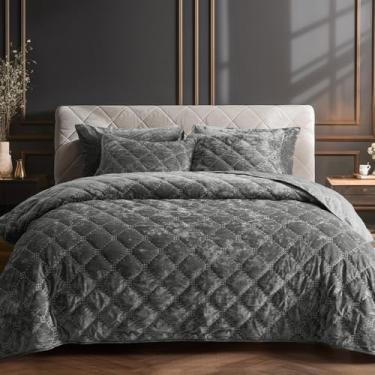 Imagem de PHF Conjunto de colcha de veludo luxuoso, tamanho king, colcha acolchoada ultra macia, para outono e inverno, colcha de decoração de casa, 269 x 236 cm, com 2 fronhas 51 x 91 cm, cinza