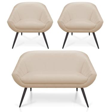 Imagem de Kit 01 Namoradeira 02 Lugares E 02 Poltronas Giovana Corino Bege Pés Palito De Ferro