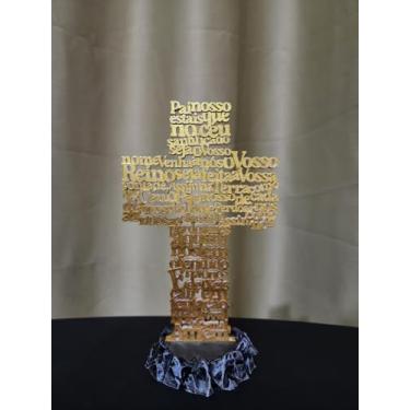 Imagem de Cruz Decorativa Pai Nosso em Relevo 3D, 20cm, Dourada, Base pedra, Decoração Religiosa Católica