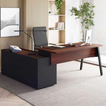 Imagem de Mesa L Diretor Escritório 200cm com Armário Lateral Tampo Cavado e Pés