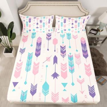 Imagem de Erosebridal Jogo de lençol casal, estilo ocidental, azul-petróleo, flecha, tribal, para decoração de quarto de crianças e adultos, boêmio, exótico, 3 peças