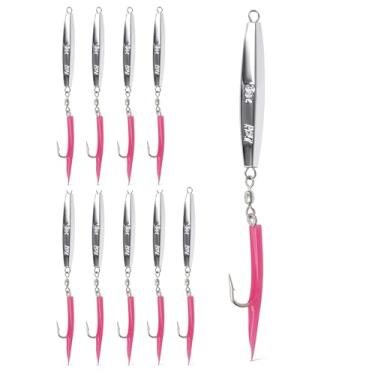 Imagem de UMT Pacote com 10 A27 85 g Cape Cod Diamond Jig Chrome, Pink Rubber Teaser 6/0 Gancho Mustad personalizado – para atum, stripers, bluefish e robalo