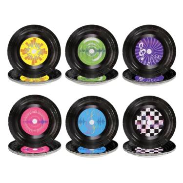 Imagem de 60 peças de pratos de papel de disco de rock and roll, 18 cm, resistentes, descartáveis, 50s, discos de vinil, pratos de sobremesa, decorações de festa de karaokê, para adultos, DJ, rock, música