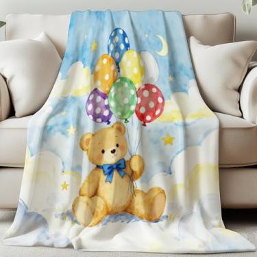 Imagem de GLOBLELAND Manta de urso de balões coloridos 139 × 128 cm desenho animado céu nuvem macio aconchegante flanela joga estrelas luas cobertor lavável para casa, escritório, quarto, cama, sofá, cadeira