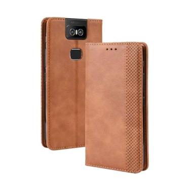 Imagem de Capa para Asus Zenfone 6 ZS630KL,Retro Flip magnético,Caso de telefone de couro PU,Design de carteira com 3 slots de cartão e 1 clipe de dinheiro -Brown