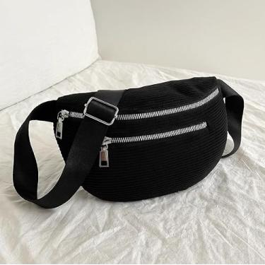 Imagem de Bolsa feminina de veludo cotelê – Pochete transversal moderna com fecho de zíper para passeios casuais, Preto, Medium, Moderno